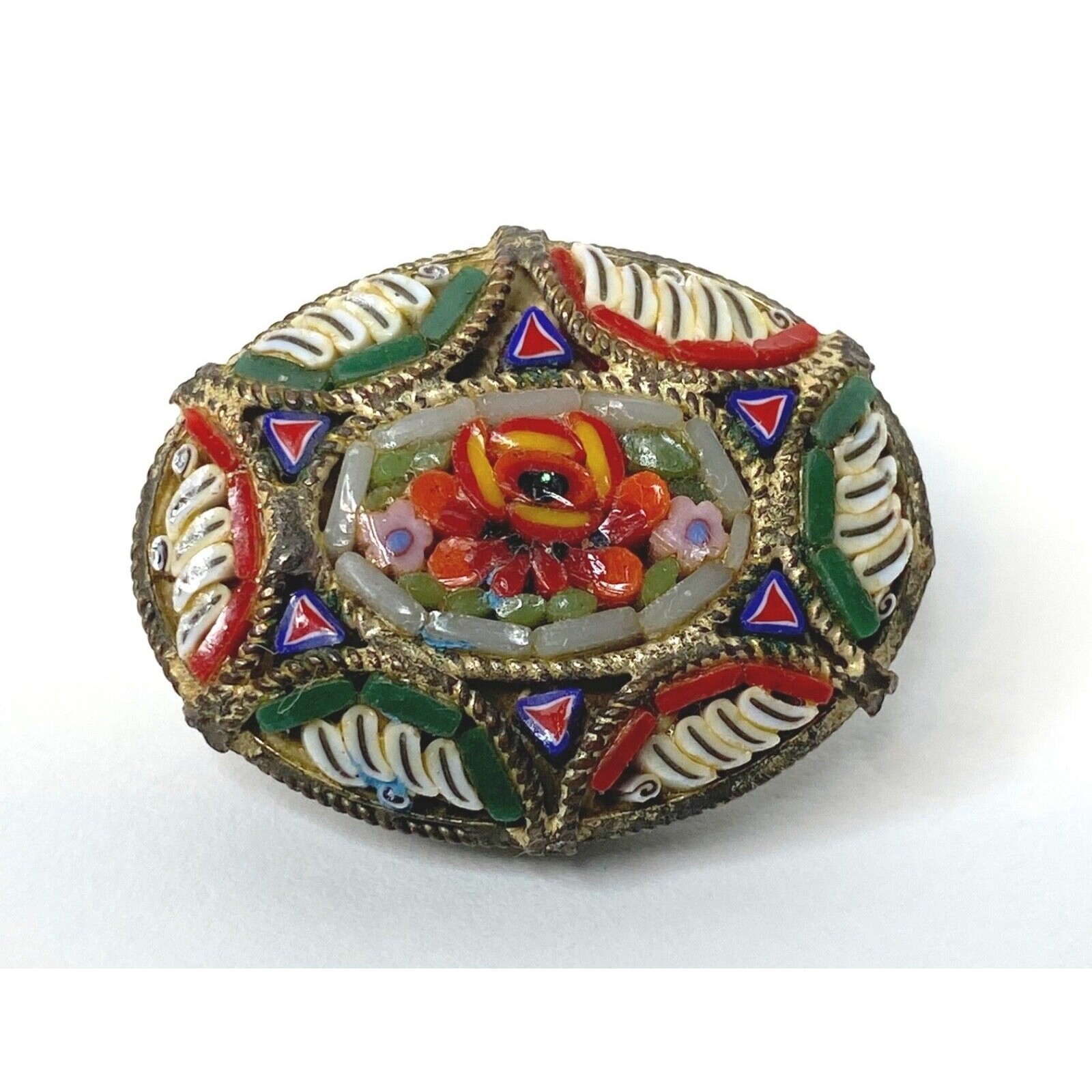 Vintage Italy Micro Mosaic Filigree Mount Oval Floral Multicolor Pin Brooch